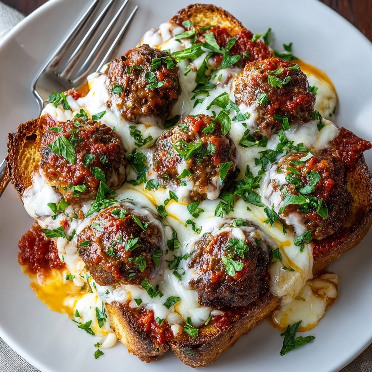 A bubbly, cheesy Meatball Sub Casserole is revealed, with marinara and meatballs nestled in toasted bread.