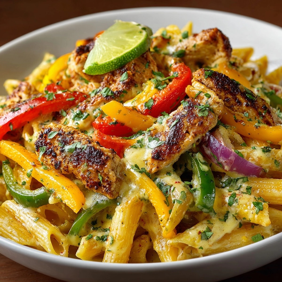 Creamy Chicken Fajita Pasta, a colorful dish with tender chicken and vibrant peppers.