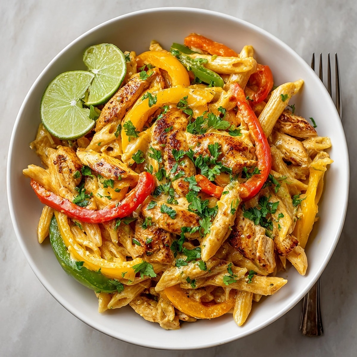 This photo showcases a delicious Chicken Fajita Pasta, ready to be served with fresh cilantro.