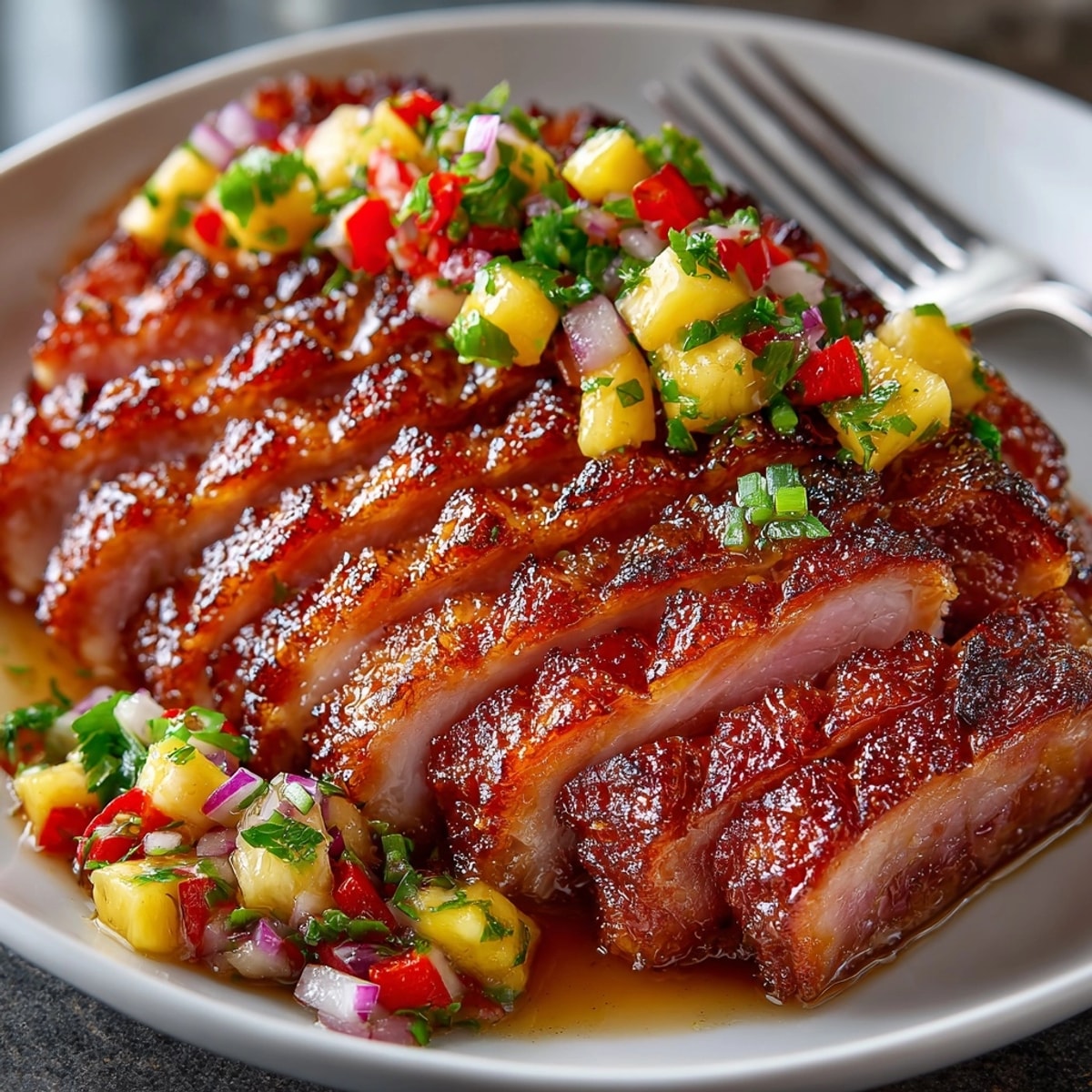 Golden, glistening Honey Glazed Ham, baked to perfection and topped with vibrant pineapple salsa.