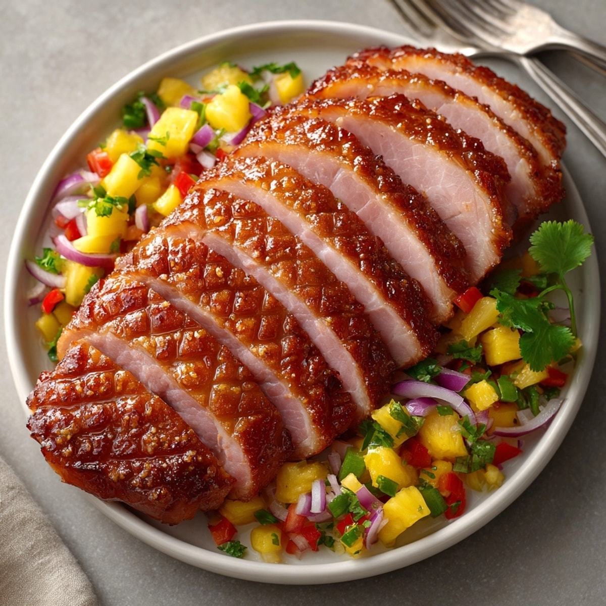 This Honey Glazed Ham features a delicious honey-brown crust, paired with tangy pineapple salsa.