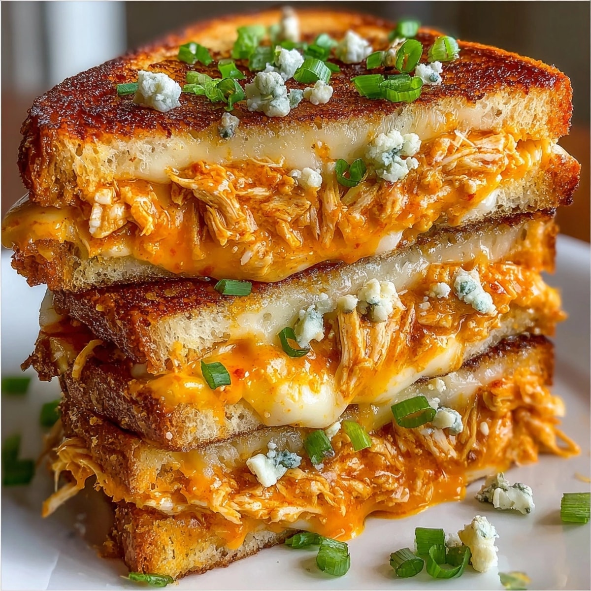 Golden, oozing Buffalo Chicken Grilled Cheese sandwich, with melted cheese and crispy bread, ready to eat.