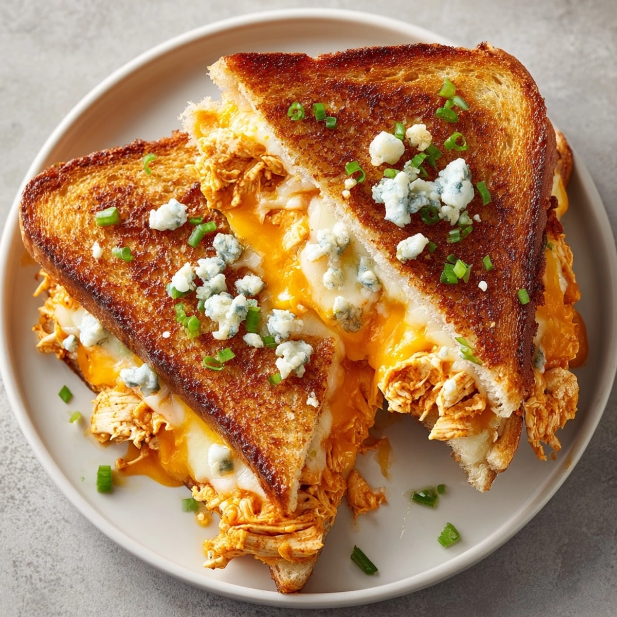 Savory plate of Buffalo Chicken Grilled Cheese, a comforting meal with melty cheese and spicy flavors.
