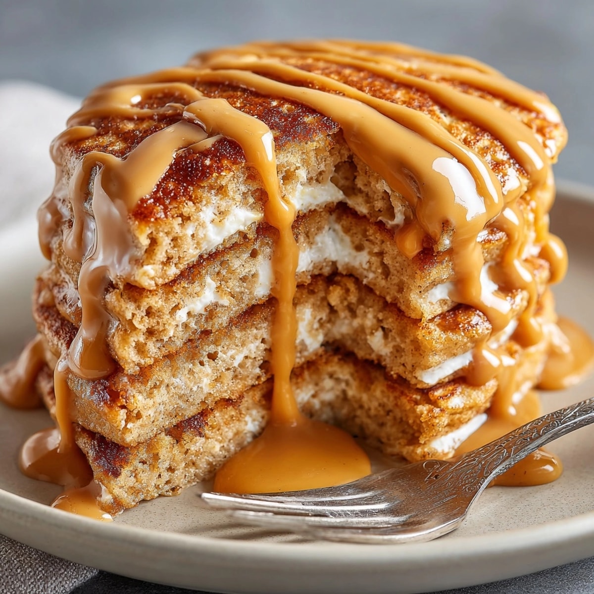 Protein pancakes with peanut butter syrup stacked high, drizzled warmly for a hearty breakfast treat.