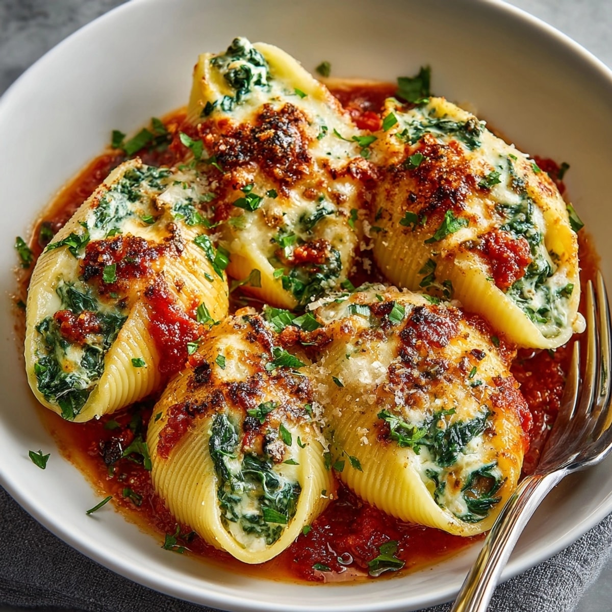 Ricotta stuffed shells with spinach nestled in rich marinara, topped with bubbly cheese fresh out of the oven.