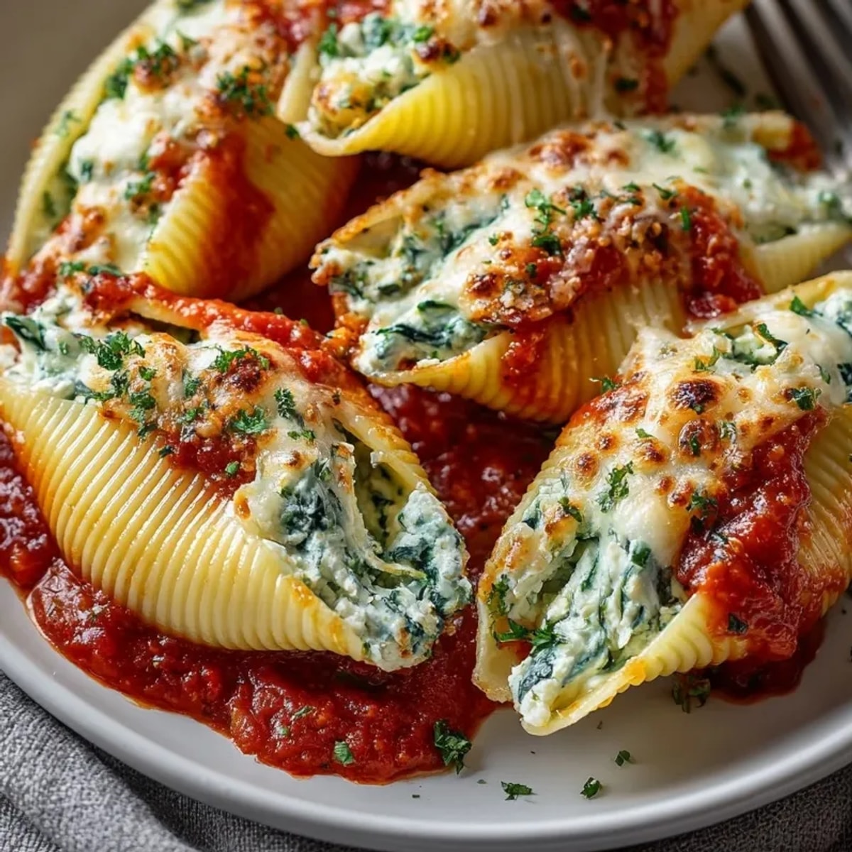Cheesy ricotta stuffed shells with spinach served warm, golden, and ready for a comforting weeknight meal.