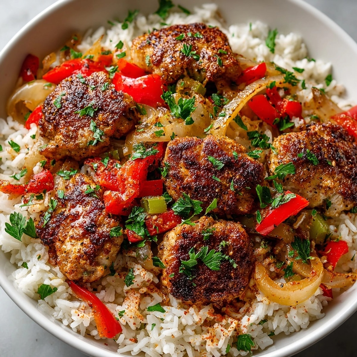 Cajun Chicken and Rice Skillet with golden chicken pieces, sautéed peppers, and vibrant parsley garnish.