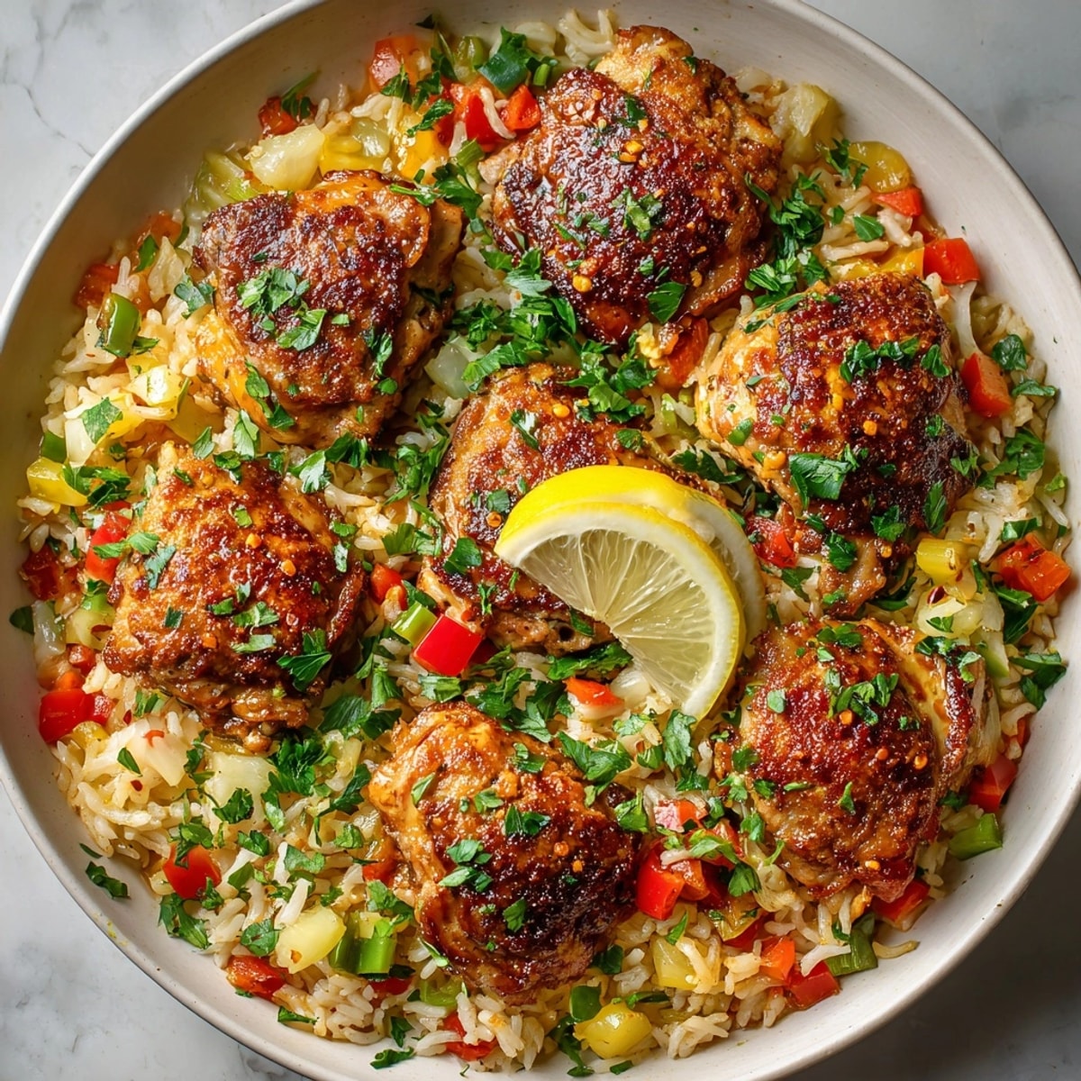 Colorful Cajun Chicken and Rice Skillet served in a deep skillet with fluffy rice and vegetables.