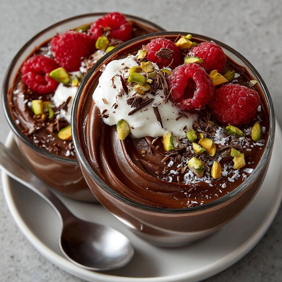 Chocolate Avocado Mousse Cups topped with fresh berries and whipped cream in glass dessert cups