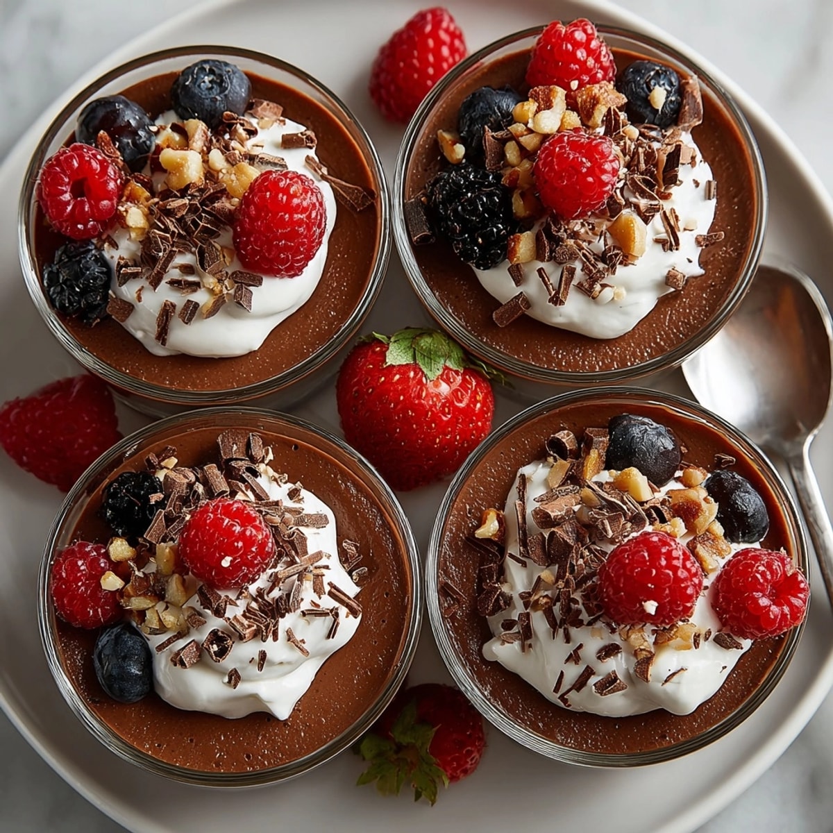 Rich Chocolate Avocado Mousse Cups with smooth, glossy finish and pistachio nut garnish