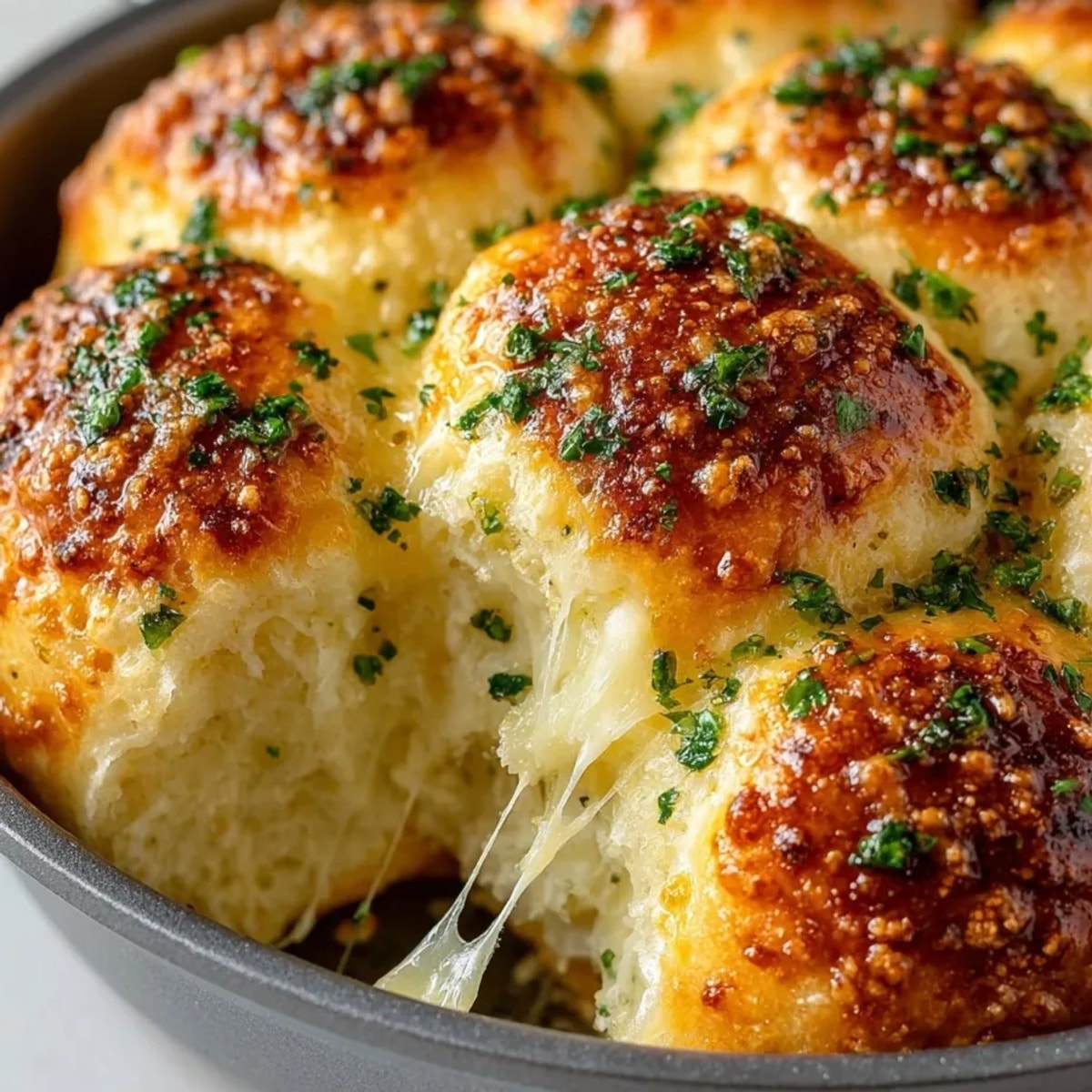 Cheesy Garlic Pull-Apart Dinner Rolls fresh from the oven with melted cheese and golden tops.