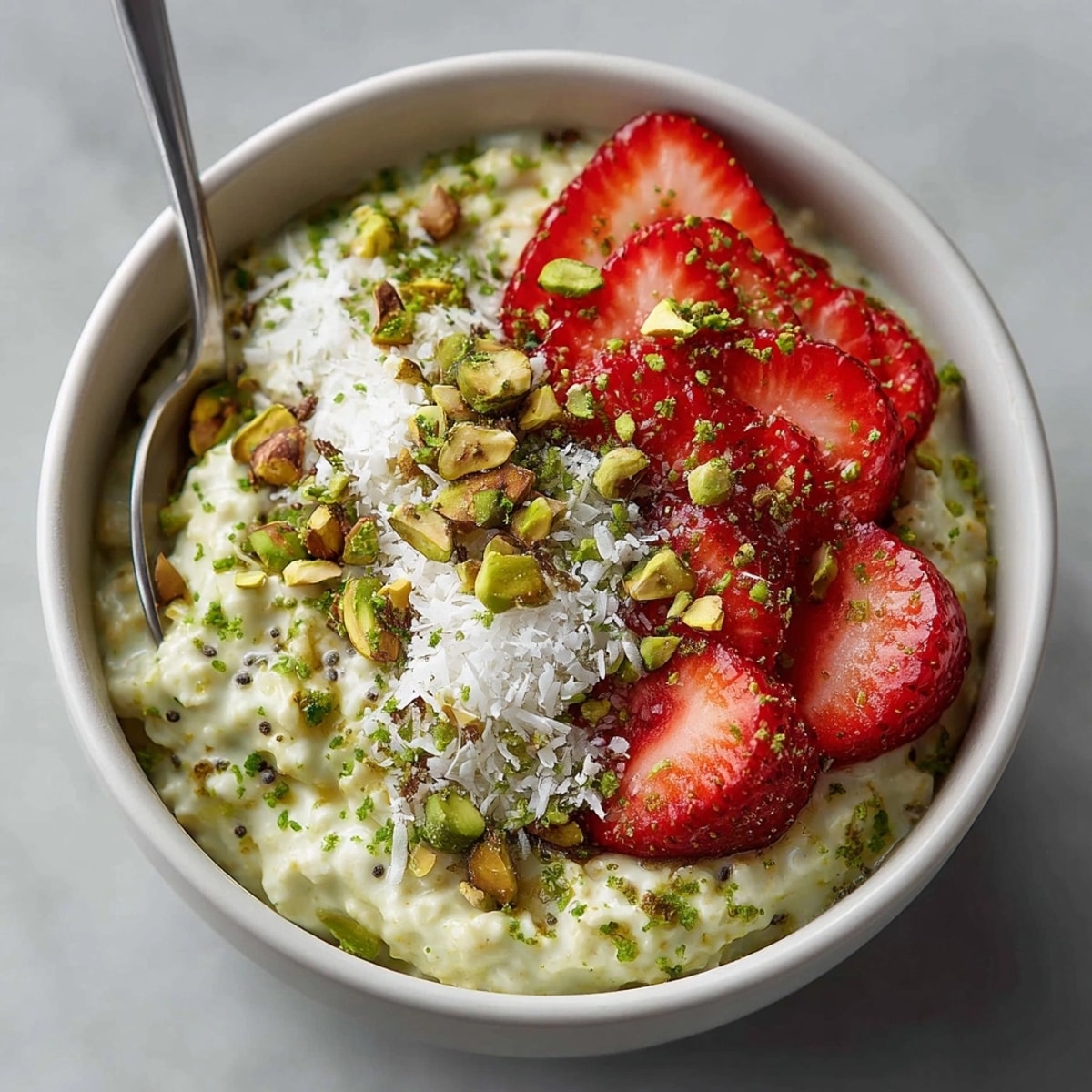 Avocado Lime Protein Overnight Oats in a jar, topped with fresh strawberries and coconut flakes.
