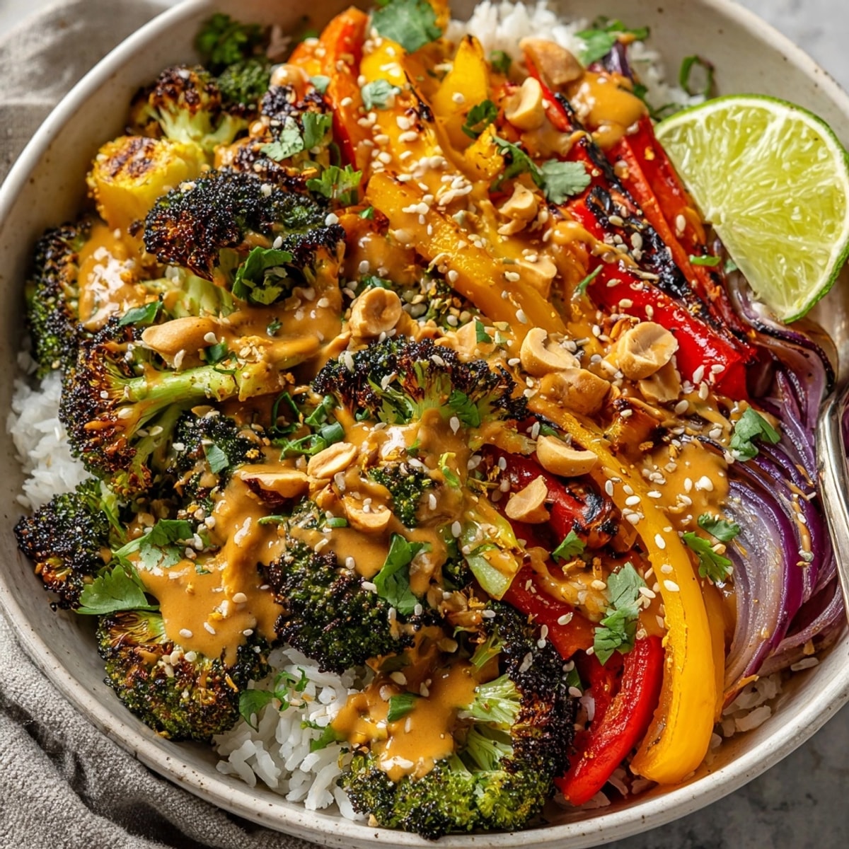 Colorful Thai Peanut Roasted Vegetable Bowl with fluffy rice and creamy sauce drizzled on top