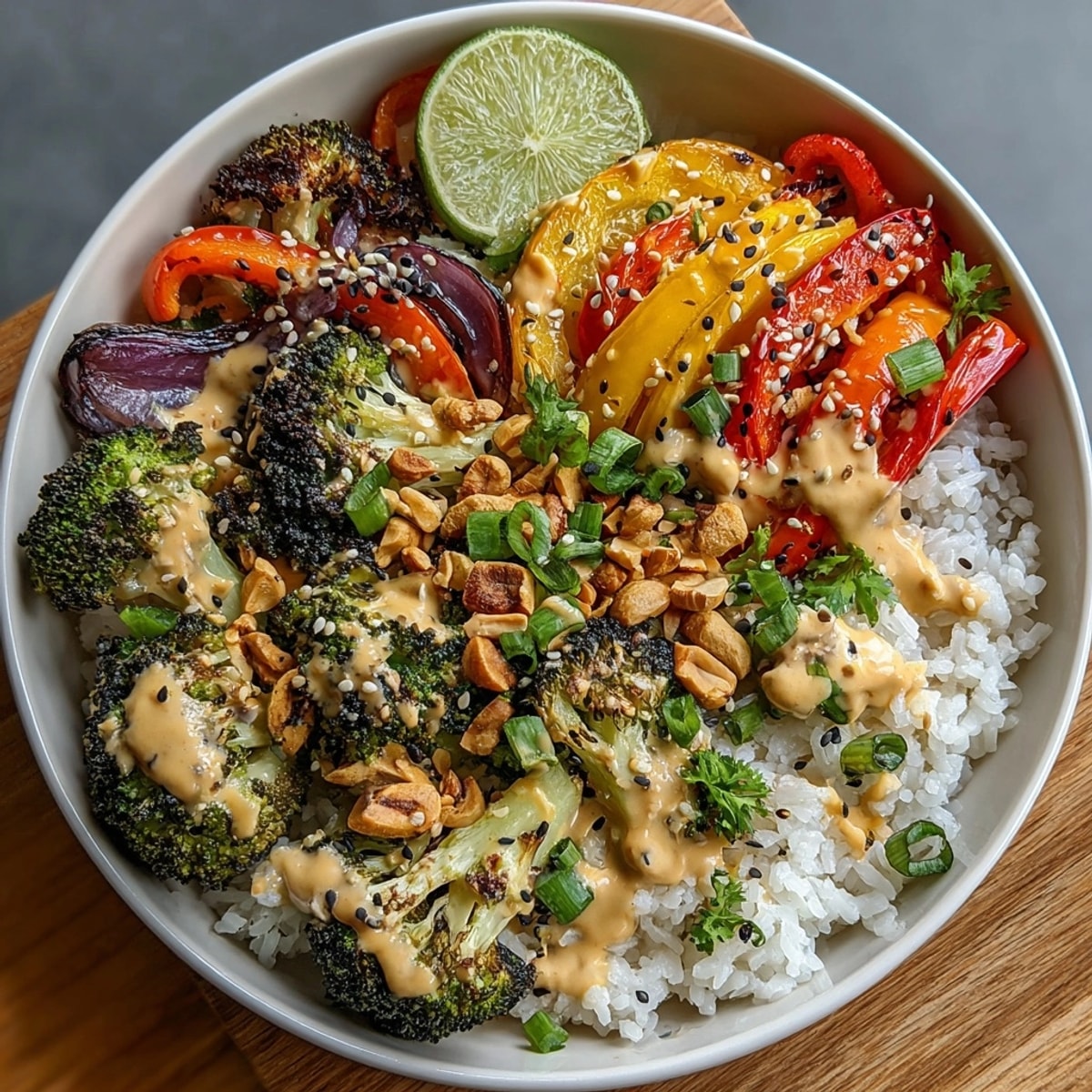 Warm, roasted veggies and jasmine rice in a Thai Peanut Roasted Vegetable Bowl, peanut sauce glistening