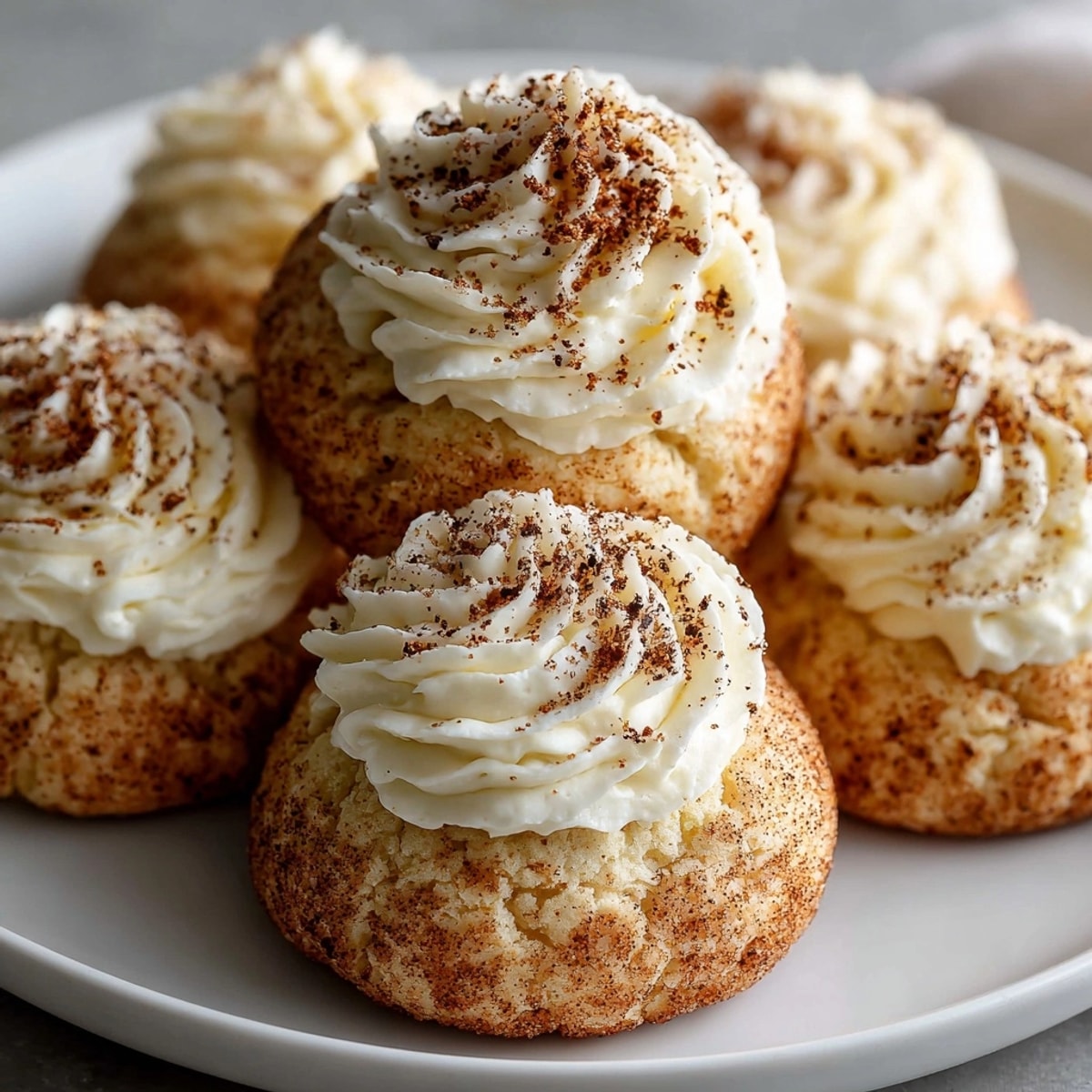 Cinnamon Sugar Cloud Cookies with Cream Cheese Frosting displayed on a white plate, fluffy and sprinkled with cinnamon.