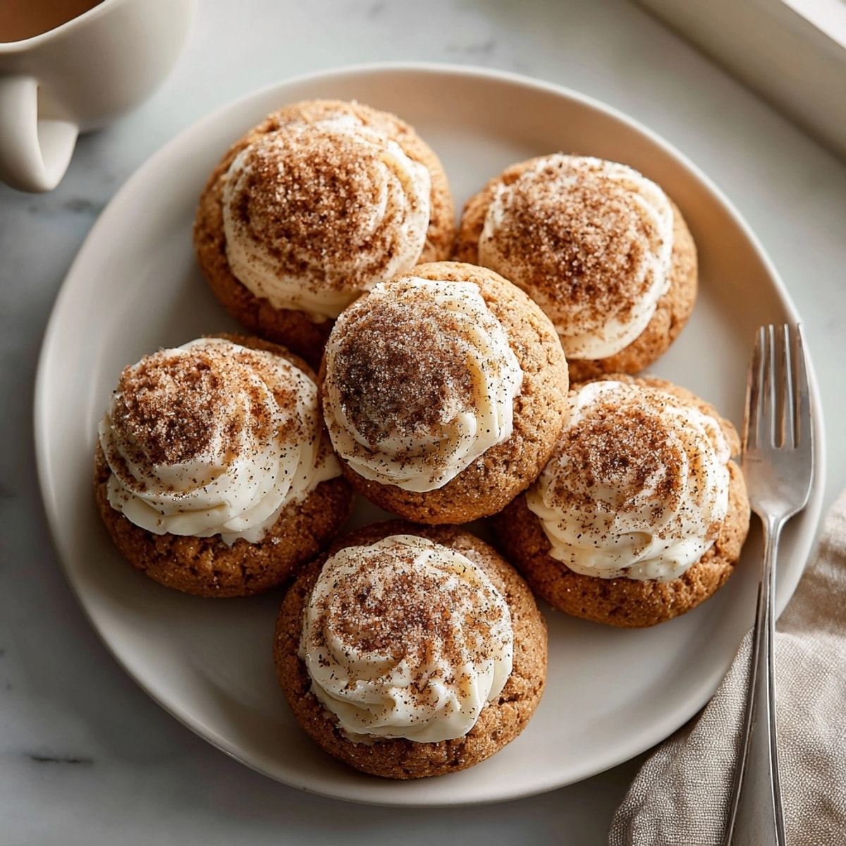 Plate of soft Cinnamon Sugar Cloud Cookies with Cream Cheese Frosting, perfect for an easy dessert or snack.