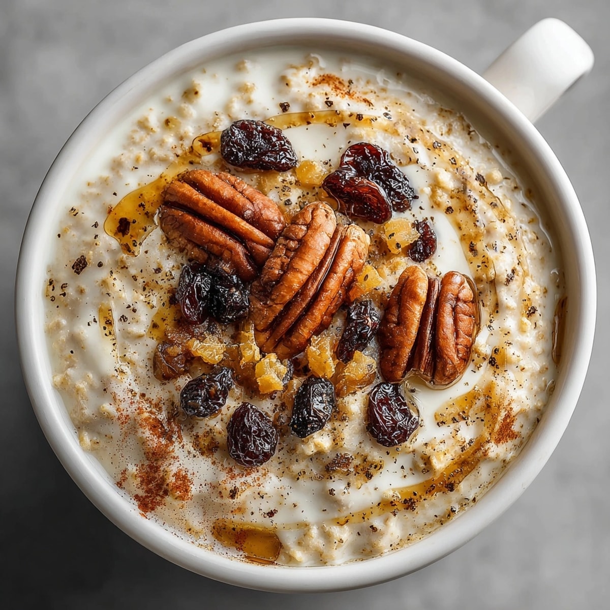 Creamy cinnamon chai latte oatmeal topped with toasted pecans and warm spiced aroma rising