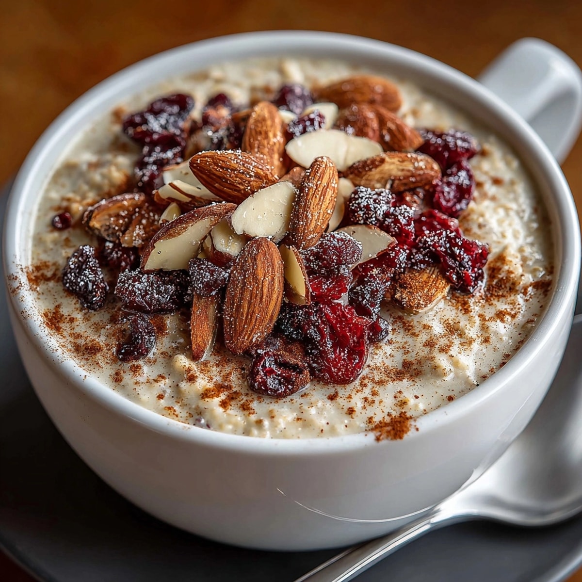 Steaming bowl of cinnamon chai latte oatmeal garnished with raisins and a cinnamon sprinkle