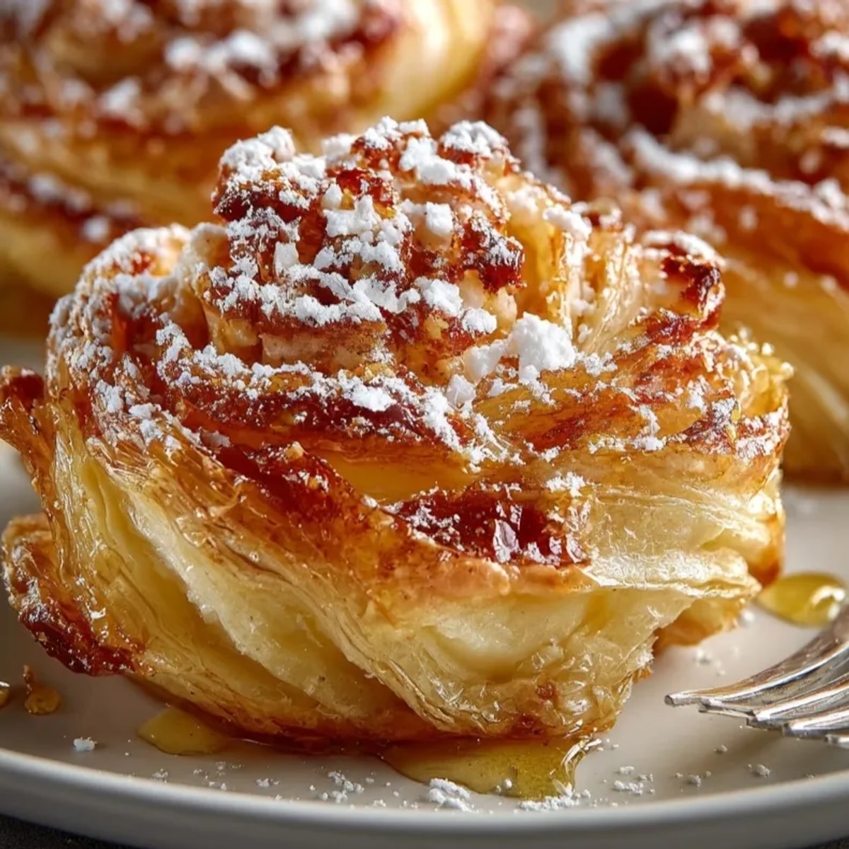 Golden-baked Ricotta Apple Blossom Pastries on a tray, dusted with powdered sugar, ready to serve.