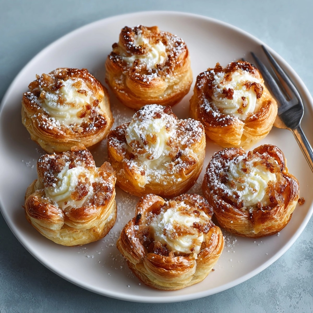 Close-up of flaky Ricotta Apple Blossom Pastries with creamy ricotta and cinnamon apple filling inside.