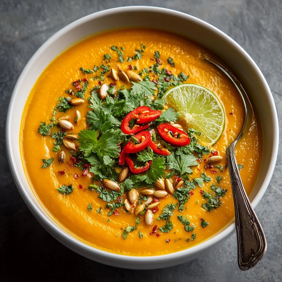 Bowl of Thai Curry Butternut Squash Soup garnished with cilantro and red chili for serving.