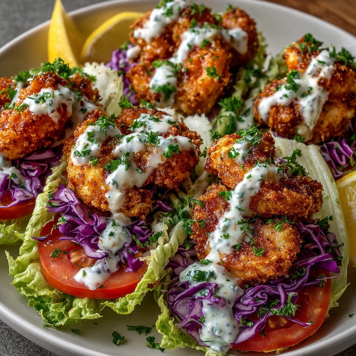 Shrimp Po' Boy Lettuce Boats with crispy Cajun shrimp, colorful veggies, and creamy remoulade sauce.