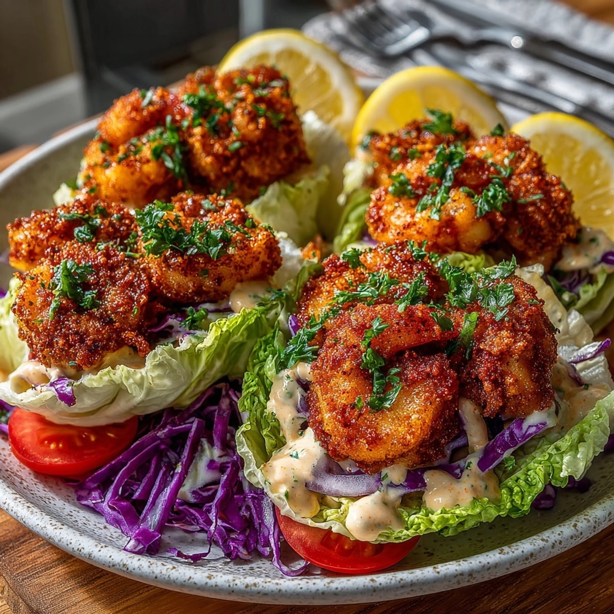 Fresh Shrimp Po&#39; Boy Lettuce Boats served on crisp leaves, garnished with parsley and lemon.