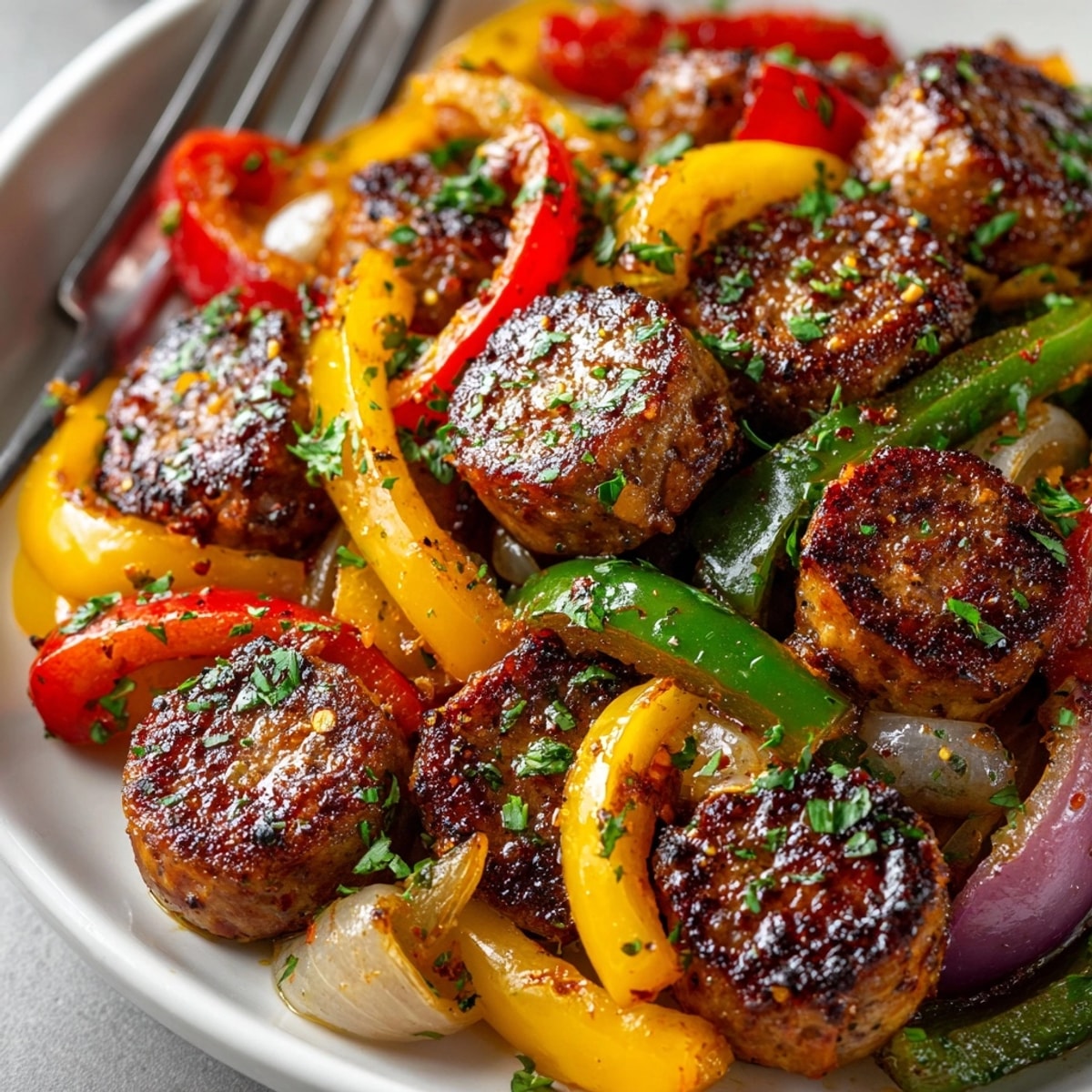 Colorful Cajun Sausage and Peppers Skillet with smoky sausage and sautéed bell peppers, ready to serve.