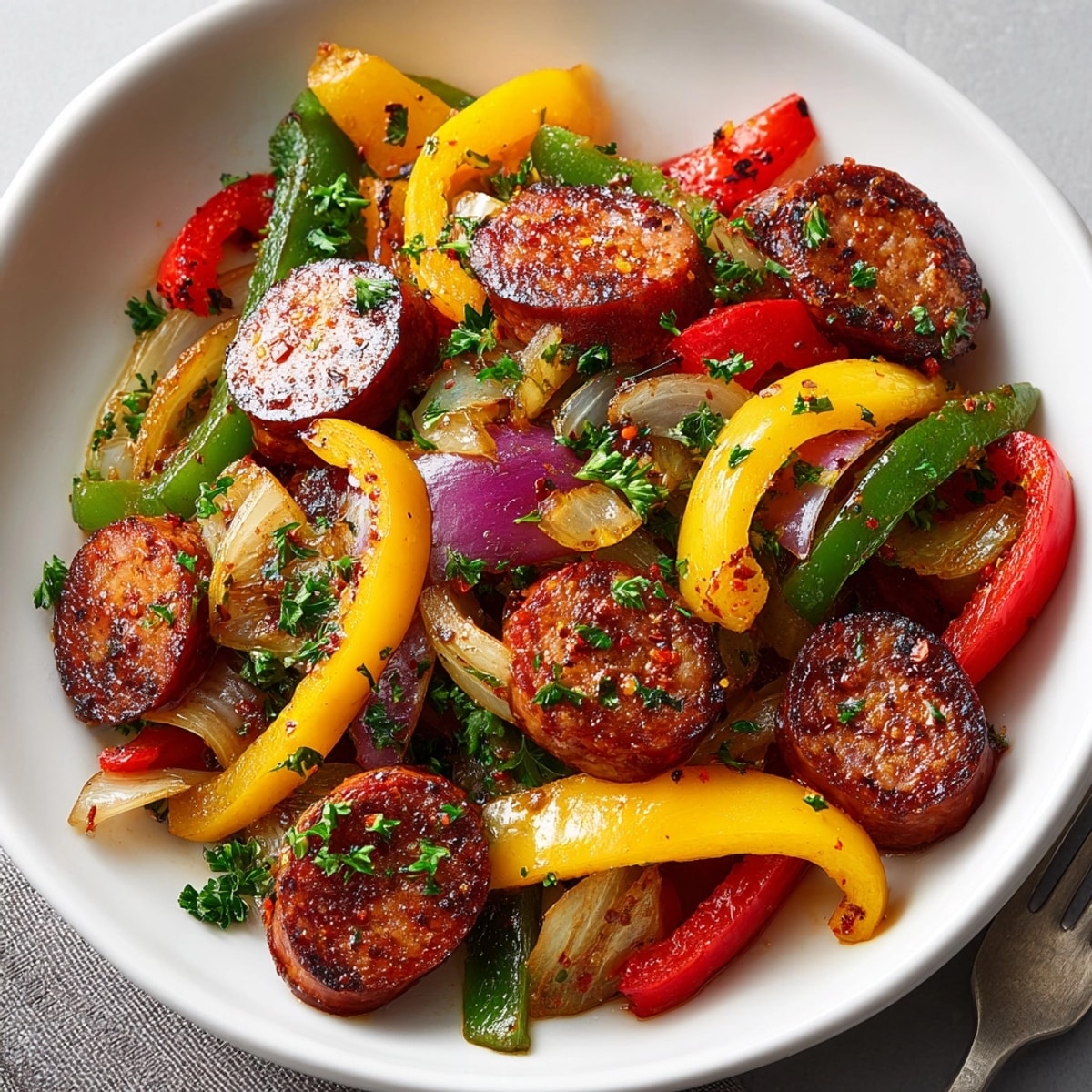 Hearty Cajun Sausage and Peppers Skillet with vibrant peppers, garnished with fresh parsley in a skillet.
