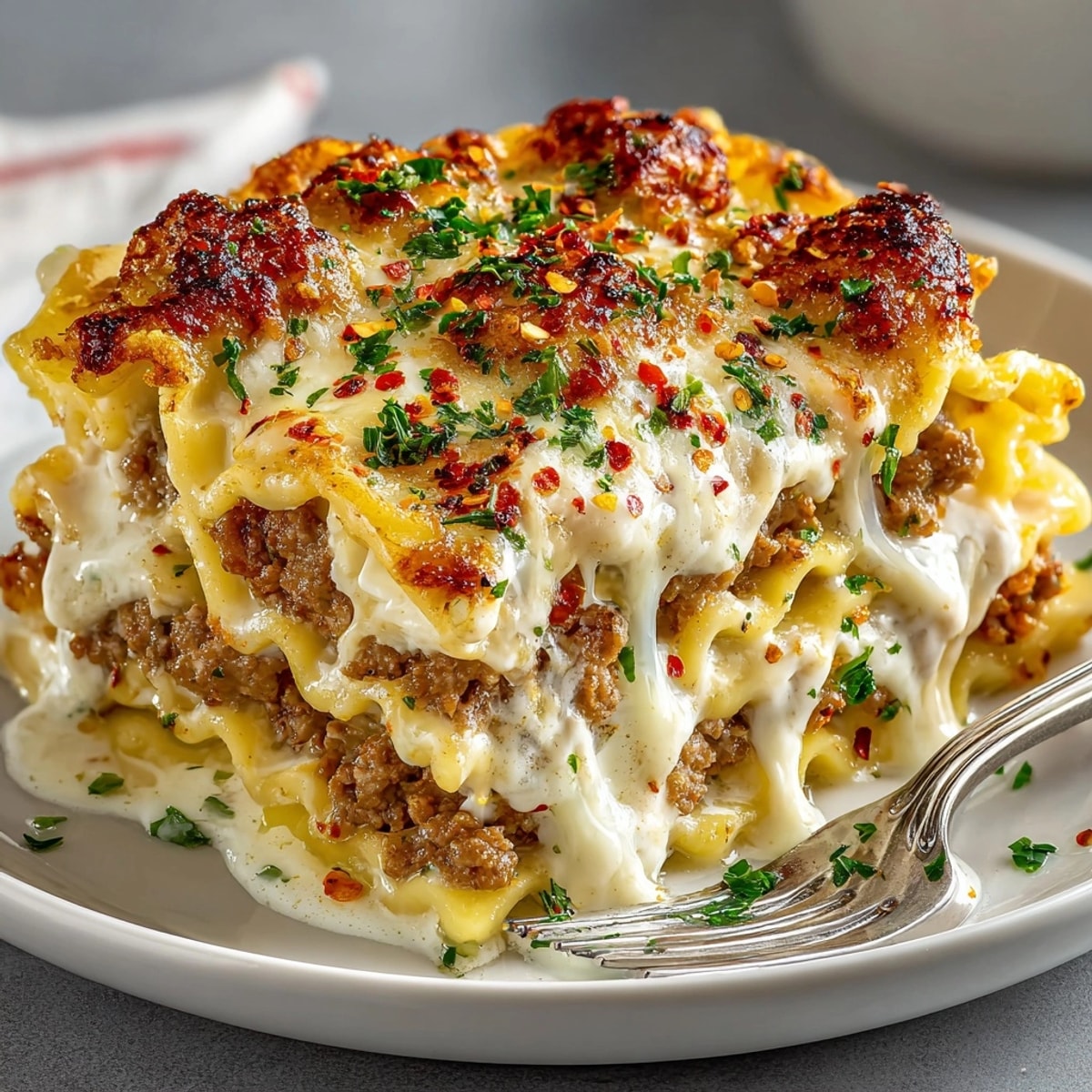 Sausage Alfredo Ravioli Lasagna served hot, with gooey cheese and golden-browned edges
