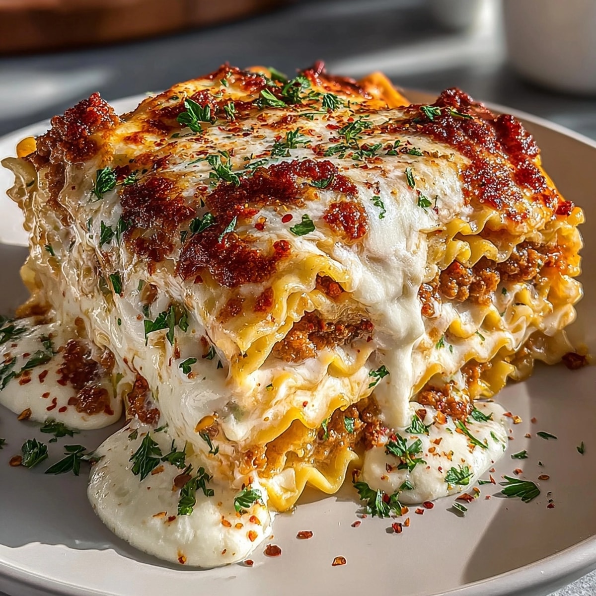 Hearty Sausage Alfredo Ravioli Lasagna layered with spicy sausage and rich, creamy alfredo sauce