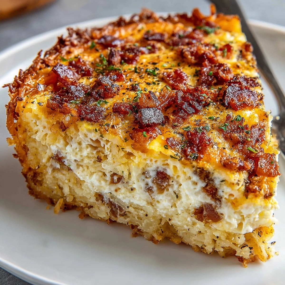 Slice of bacon and cheese quiche with hashbrown crust, golden and savory on plate.
