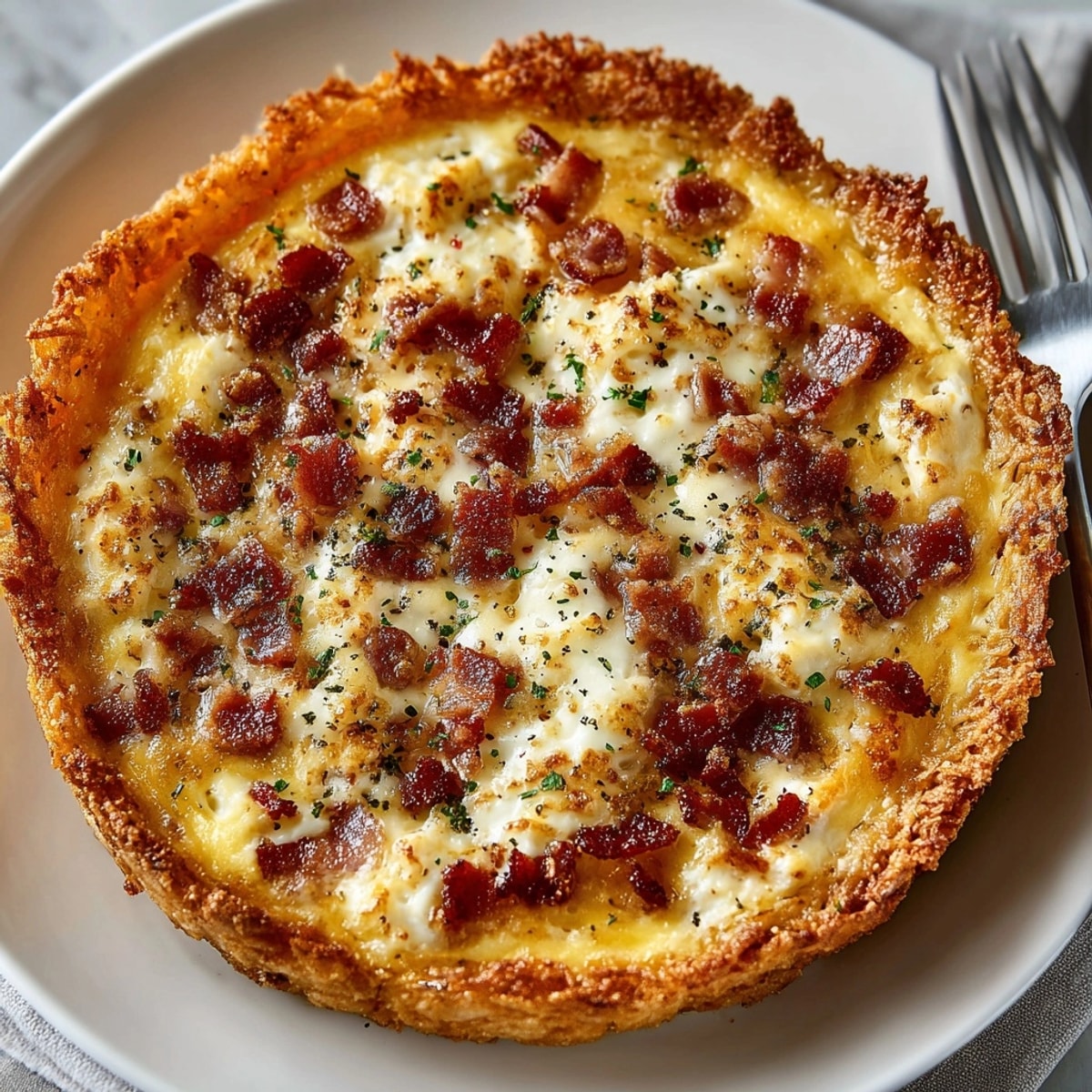 Hashbrown crust bacon and cheese quiche served warm, showing gooey cheese and crispy edges.