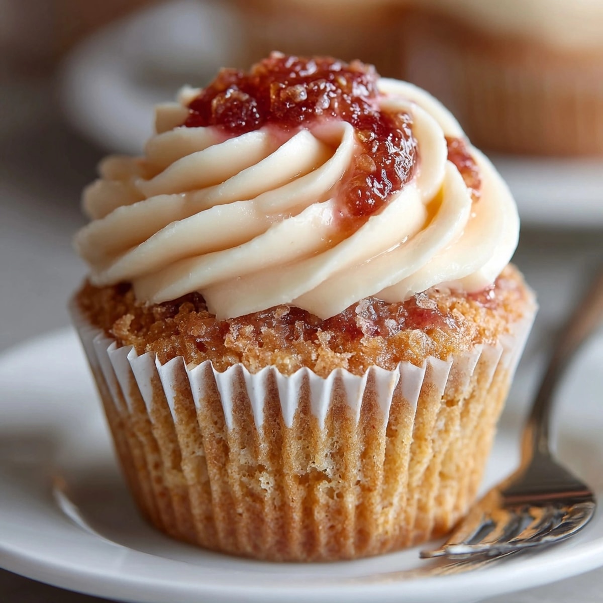 Moist rhubarb honey cupcakes topped with swirled buttercream, perfect for springtime dessert tables.