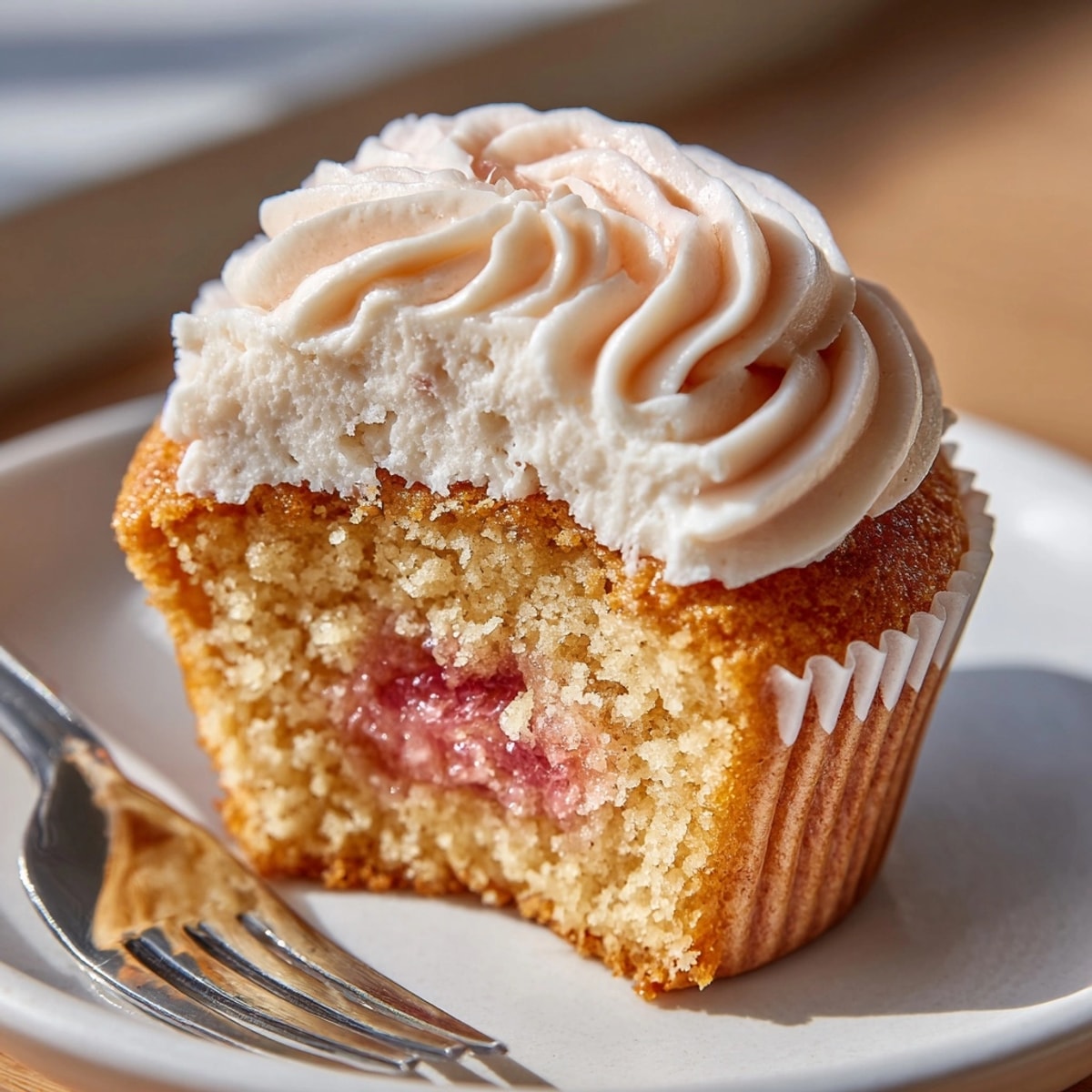 Rhubarb honey cupcakes filled with tangy homemade jam and frosted with creamy pink buttercream.
