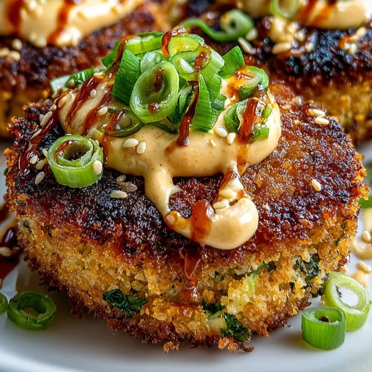 Asian-Style Tuna Cakes with Spicy Mayo served hot, garnished with sesame seeds and green onion.