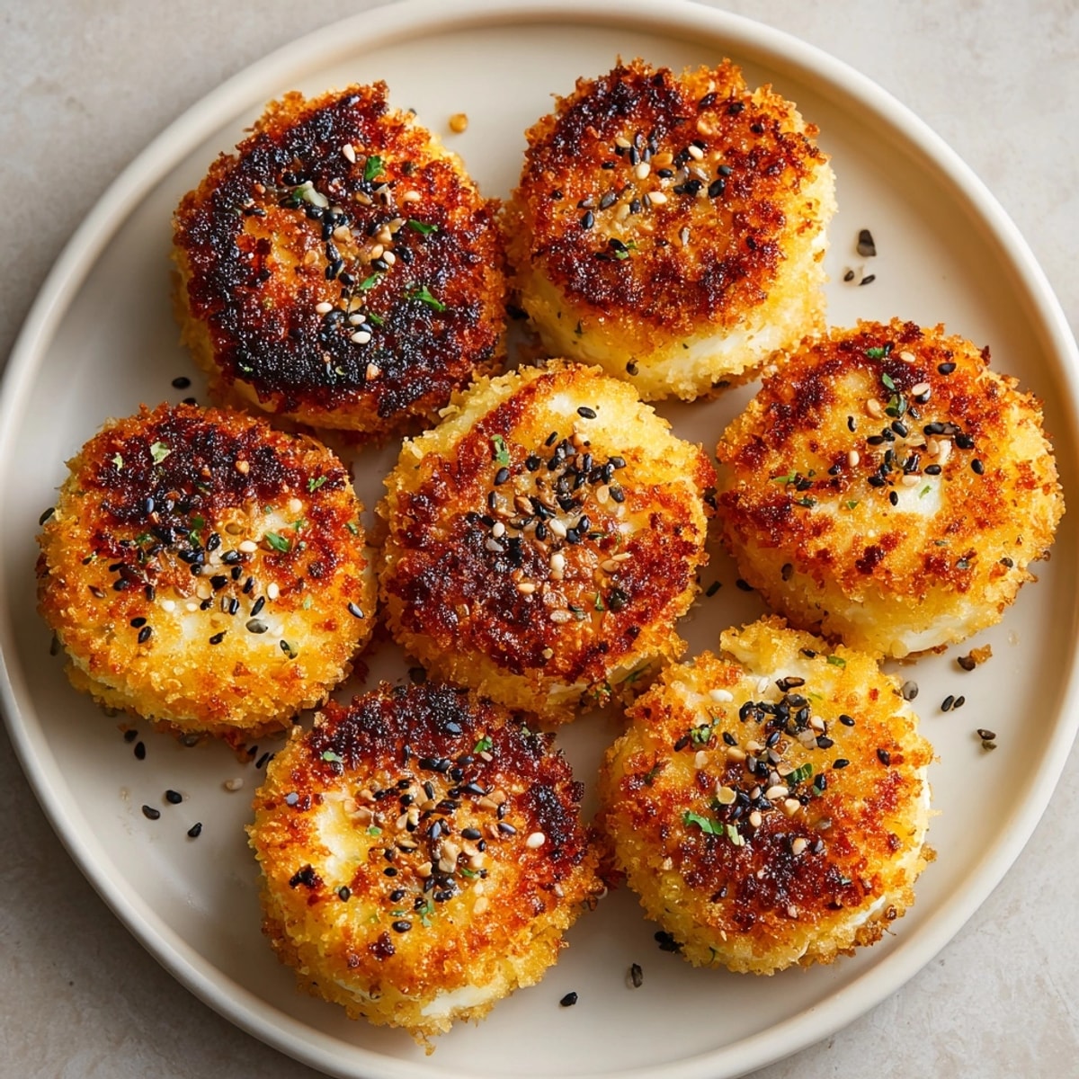 Crispy Asian-Style Tuna Cakes fry on a plate, drizzled with zesty spicy mayo.