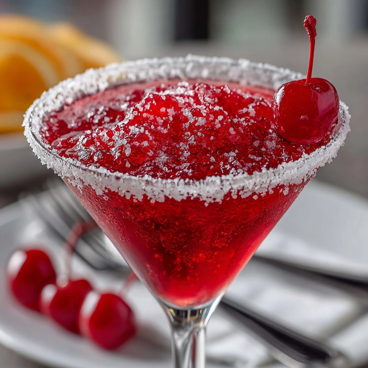 Icy cold Vampire Kiss Martini glistens against a black backdrop with sugared rim.