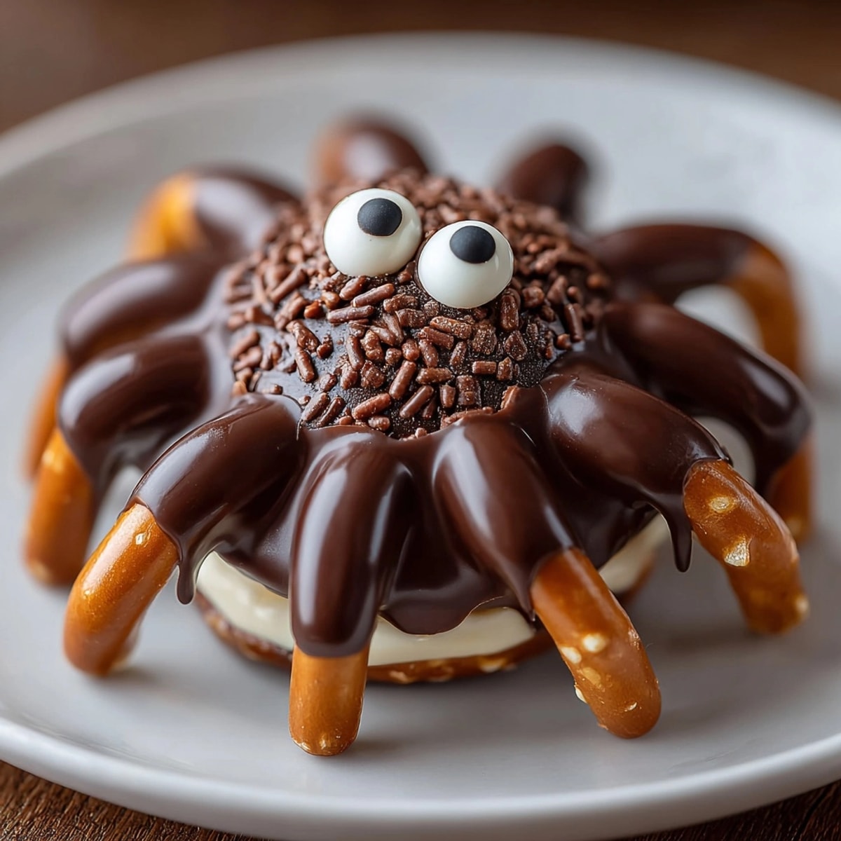 Close-up of No-Bake Chocolate Pretzel Spiders, featuring crunchy legs and sweet, melty chocolate.