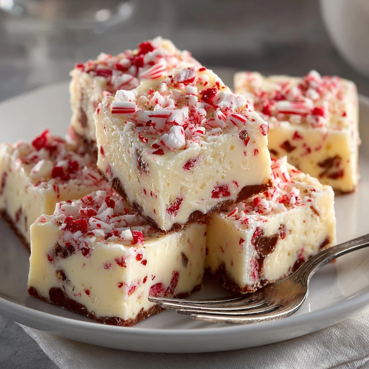 Creamy Candy Cane Fudge, swirled with festive peppermint, cooling in an 8-inch square pan.