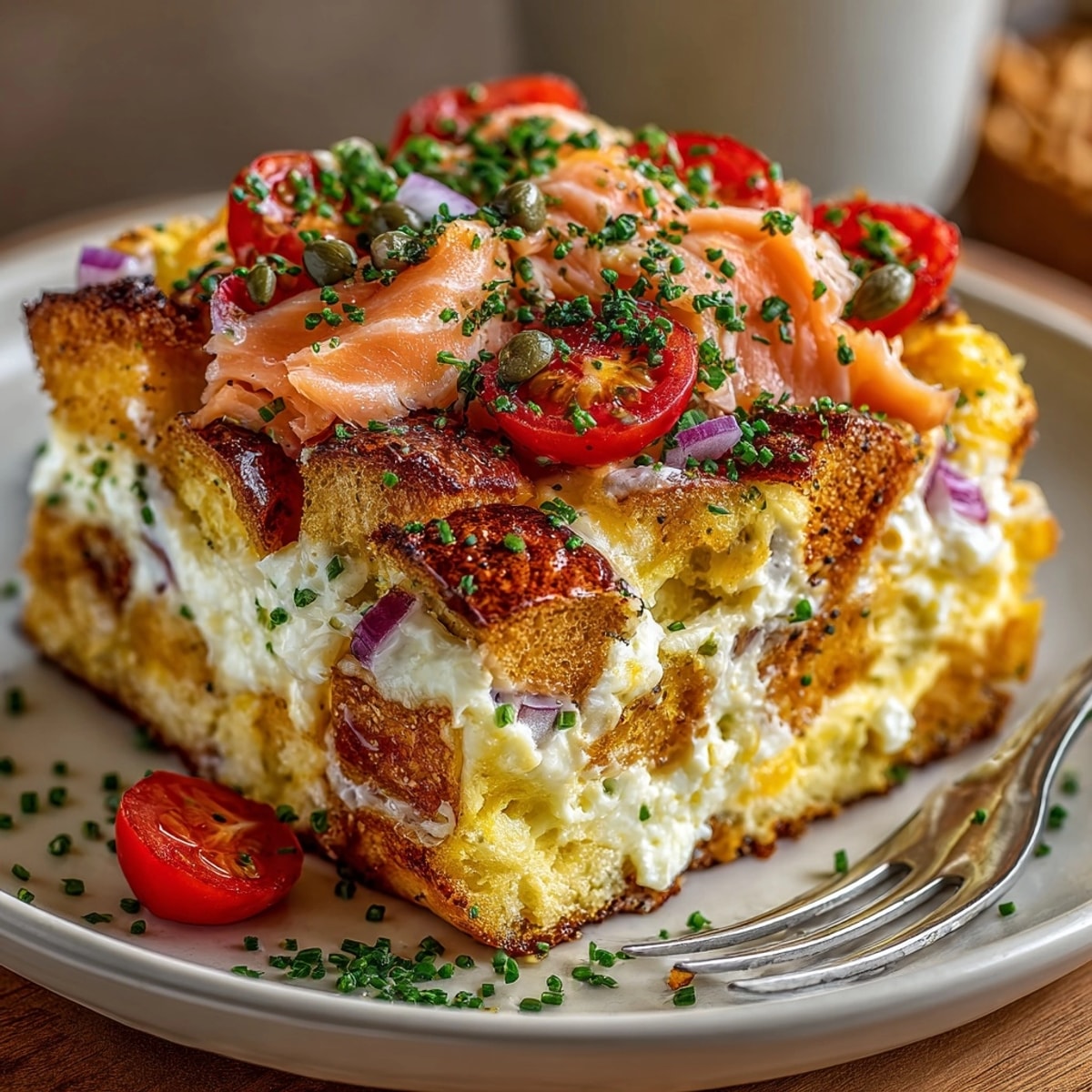 Golden-brown Everything Bagel Breakfast Casserole, bubbly cheese, tempting salmon, fresh green chives.