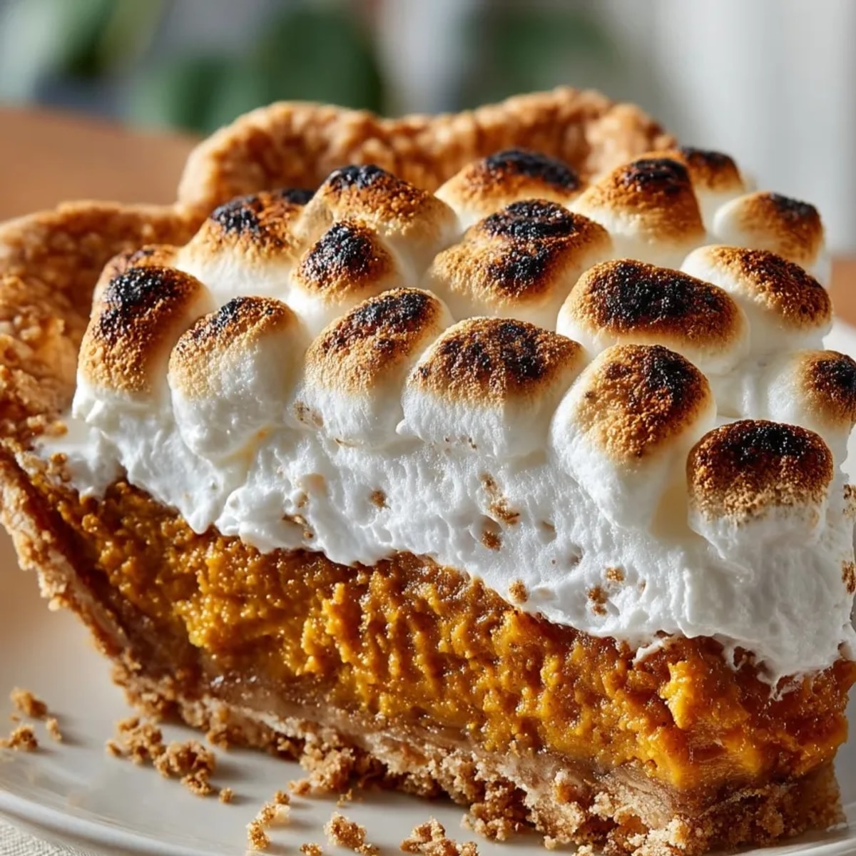 Homemade Sweet Potato Pie with Marshmallow Topping—a warmly spiced Thanksgiving dessert.