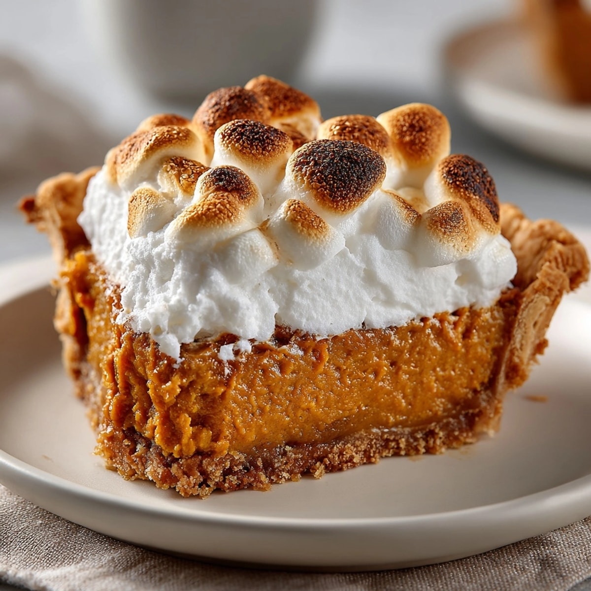 Creamy Sweet Potato Pie with fluffy, toasted marshmallows; a holiday family favorite.