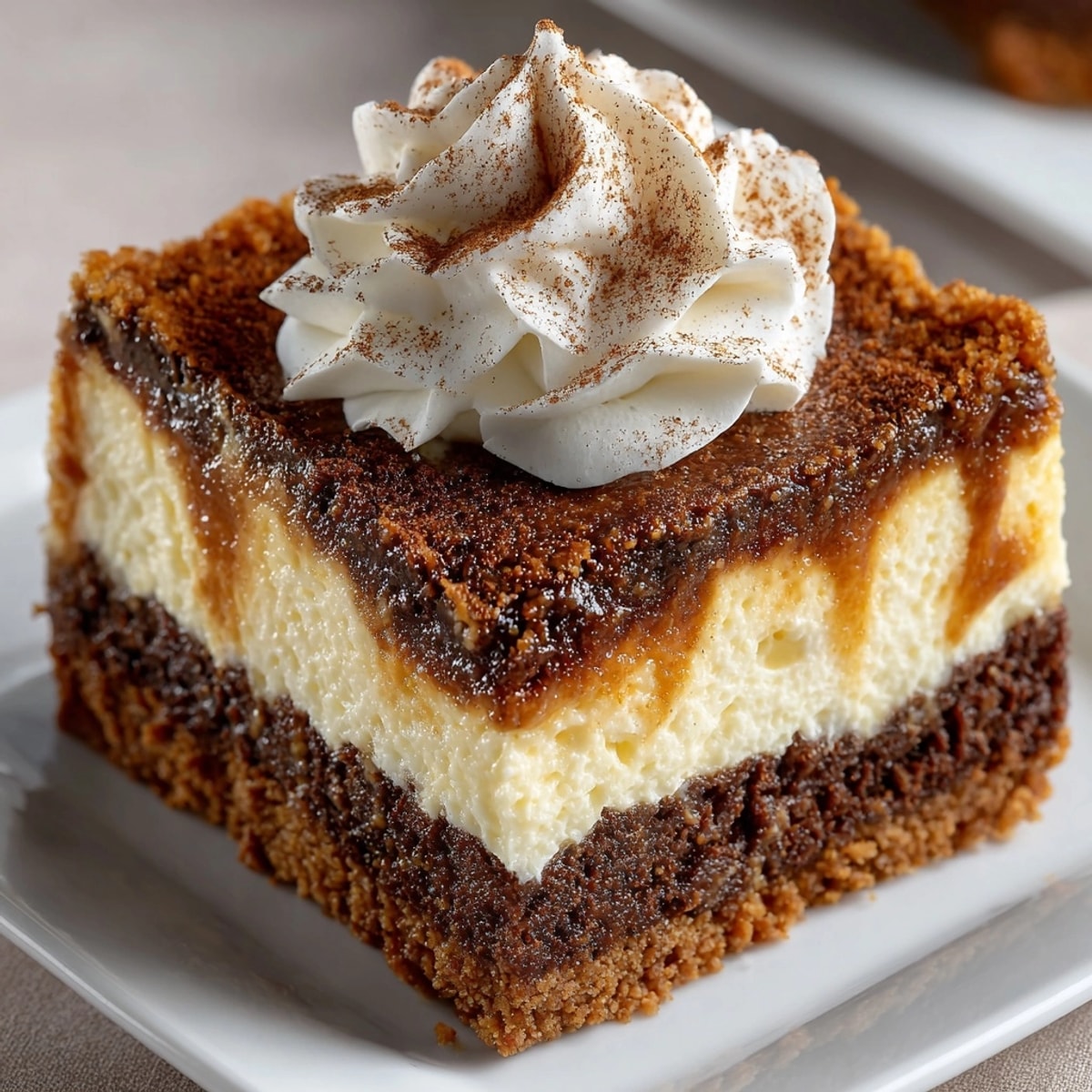 Close-up of luscious Gingerbread Cheesecake Bars showing layers of spiced crust and creamy filling.