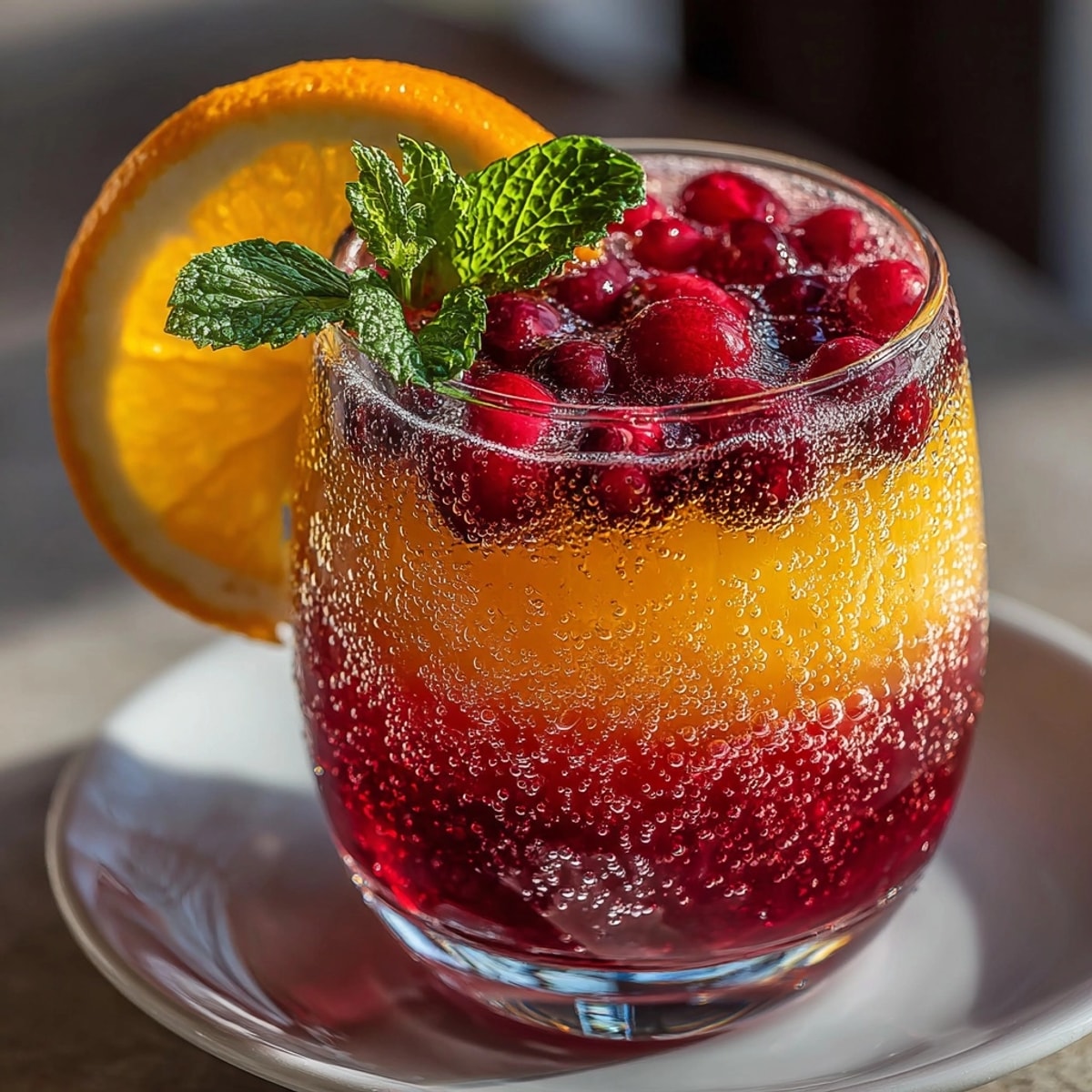 Refreshing Cranberry-Orange Mock Mimosa in glass with festive orange slices and cranberries, ready to serve.