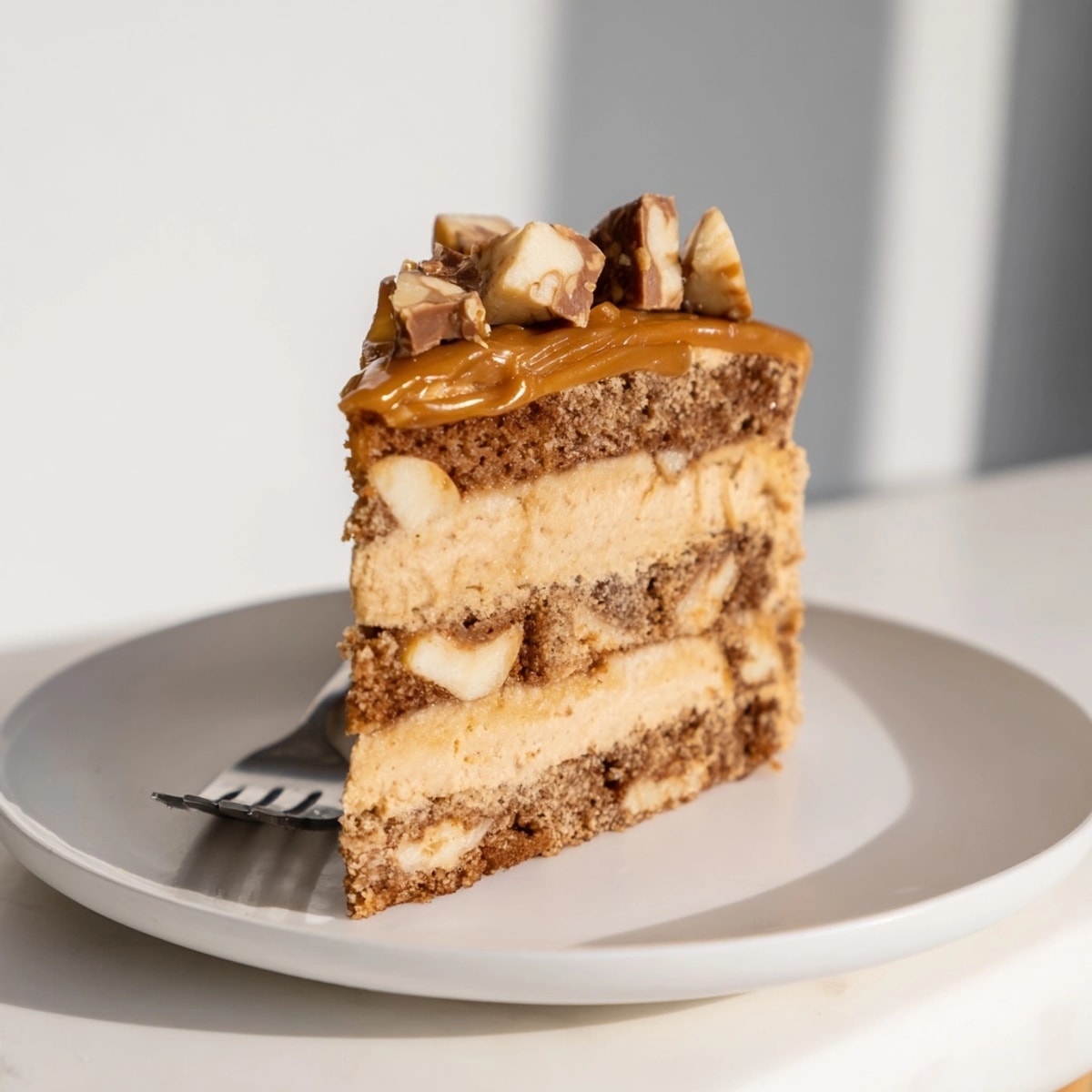 Close-up of a sliced Salted Caramel Apple Snickers Cake revealing a delightful Snickers filling.