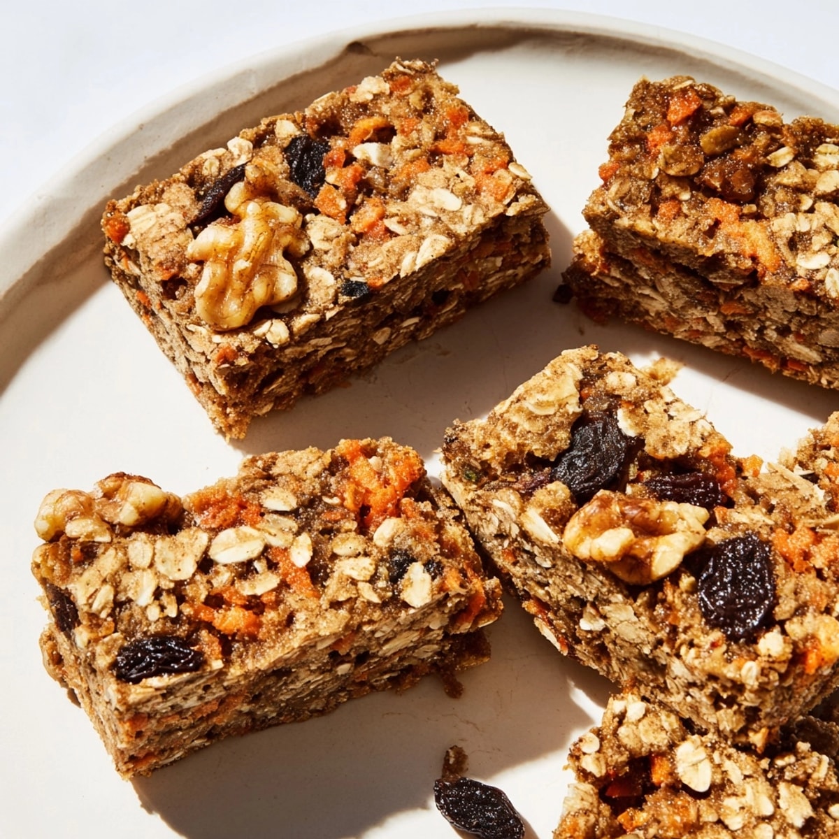 Top-down image of golden-brown Protein Carrot Cake Oat Bars, studded with nuts and carrots.