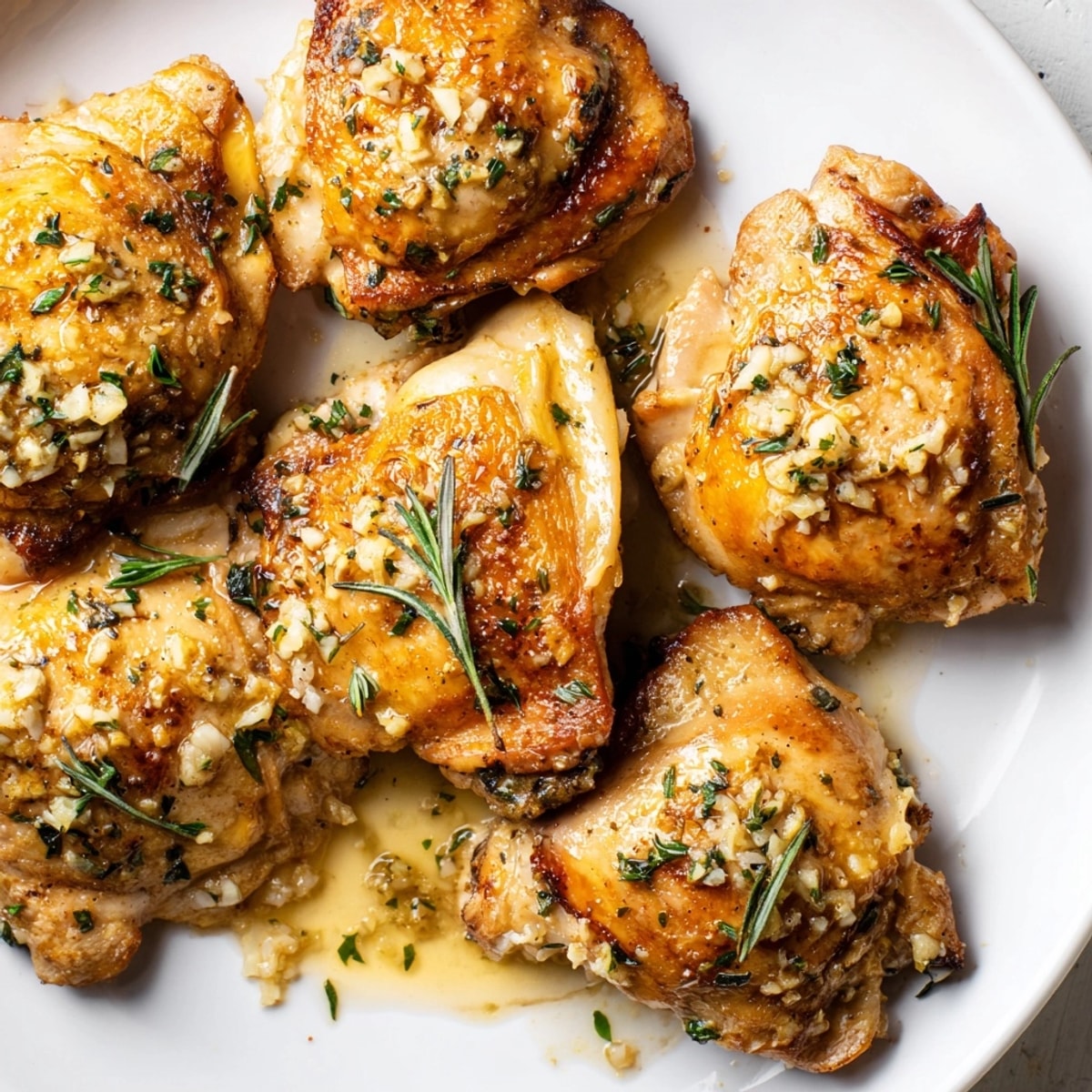 Golden Garlic Brown Butter Chicken Thighs sizzling in a skillet, ready for a delicious supper.