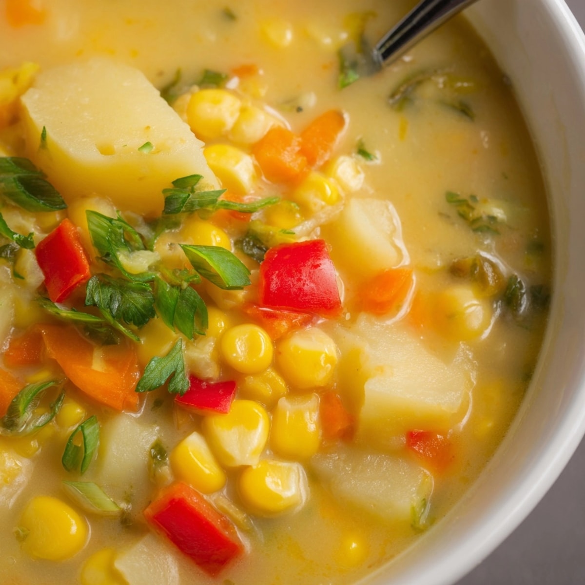 Creamy Cajun Sweet Corn Potato Chowder: simmering pot with colorful vegetables and bold spices.