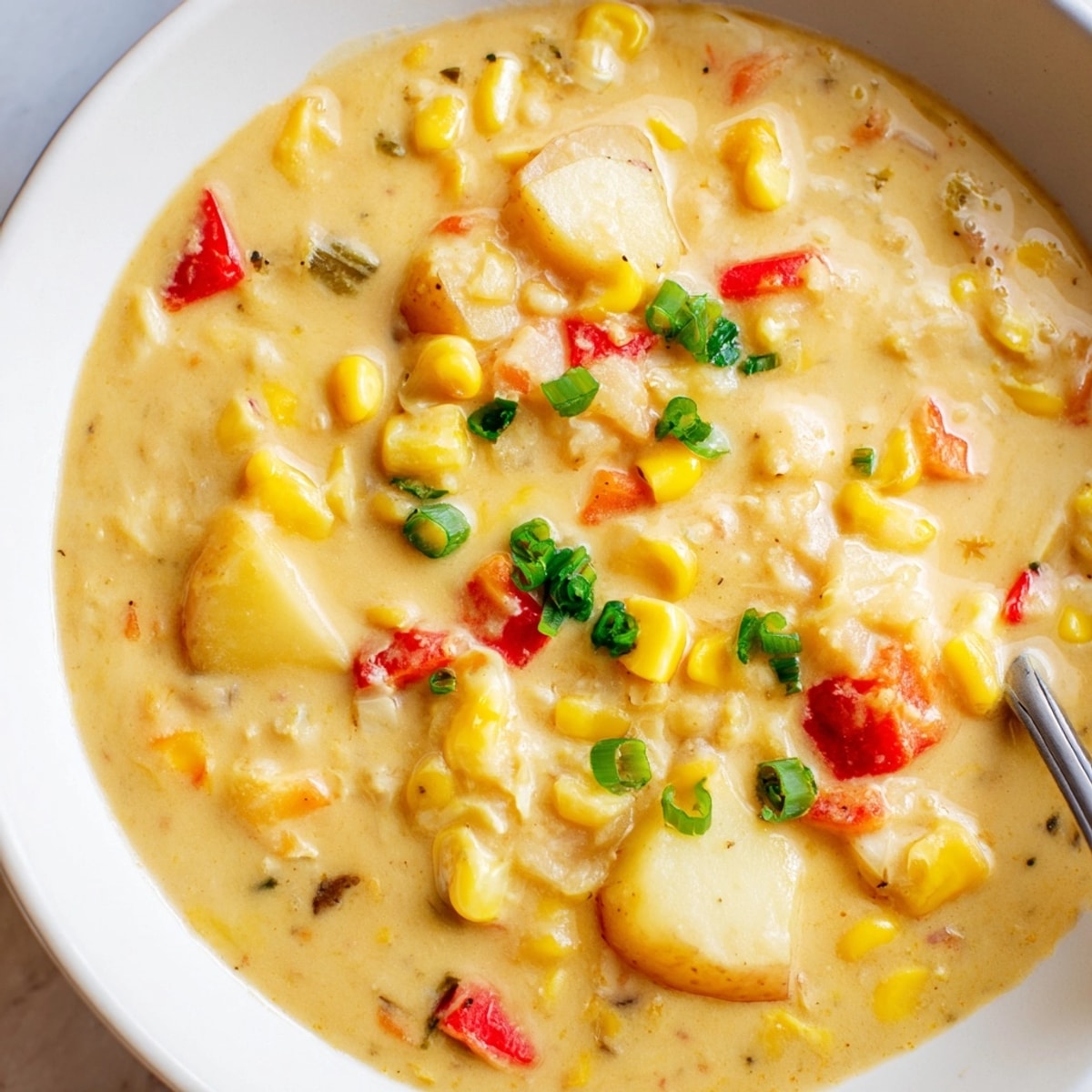 Warm bowl of Cajun Sweet Corn Potato Chowder; a Southern-inspired, comforting soup.